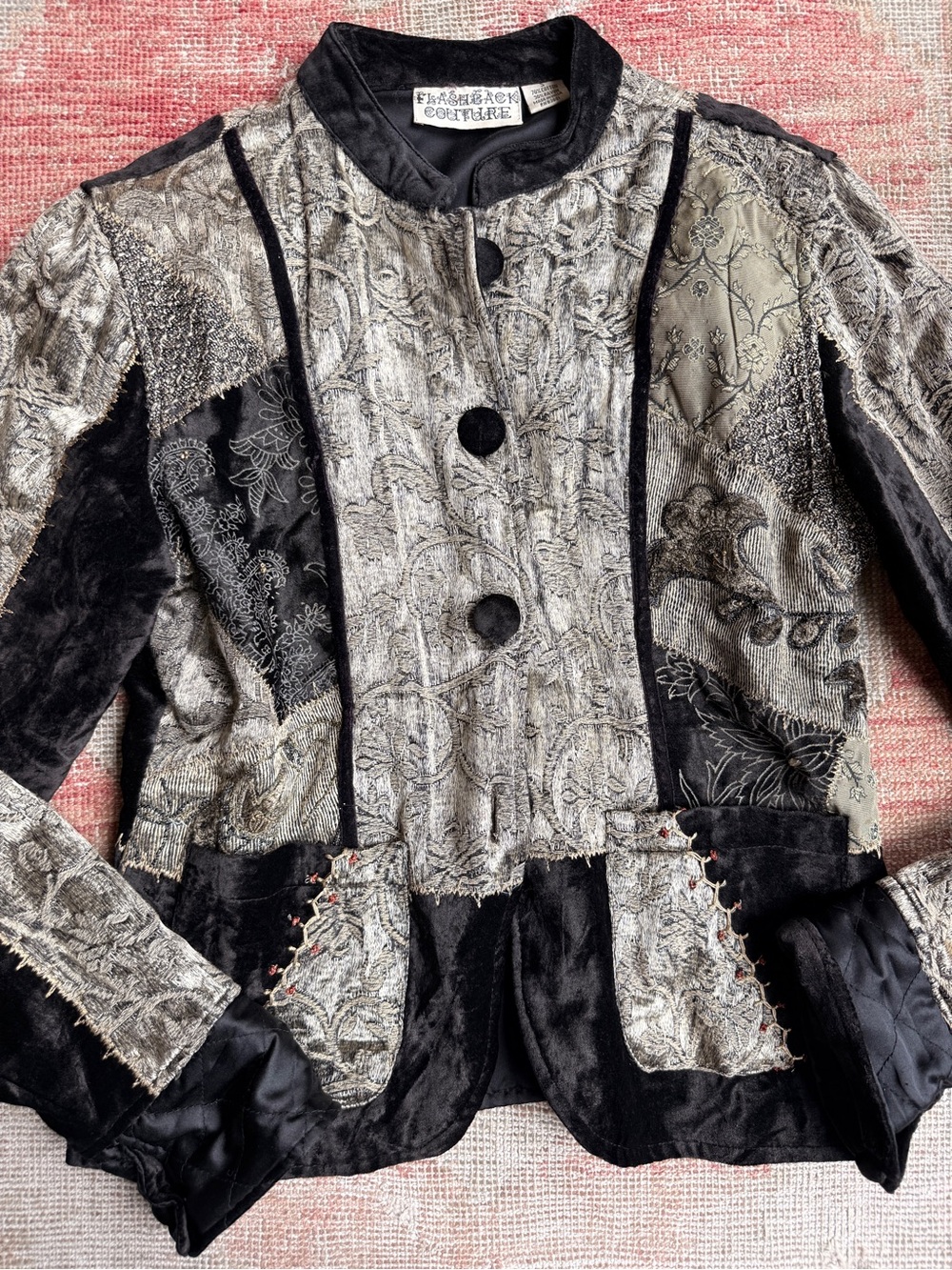 Vintage 90s Patchwork brocade whimsigoth Black and Gray Velvet-Trim Blazer